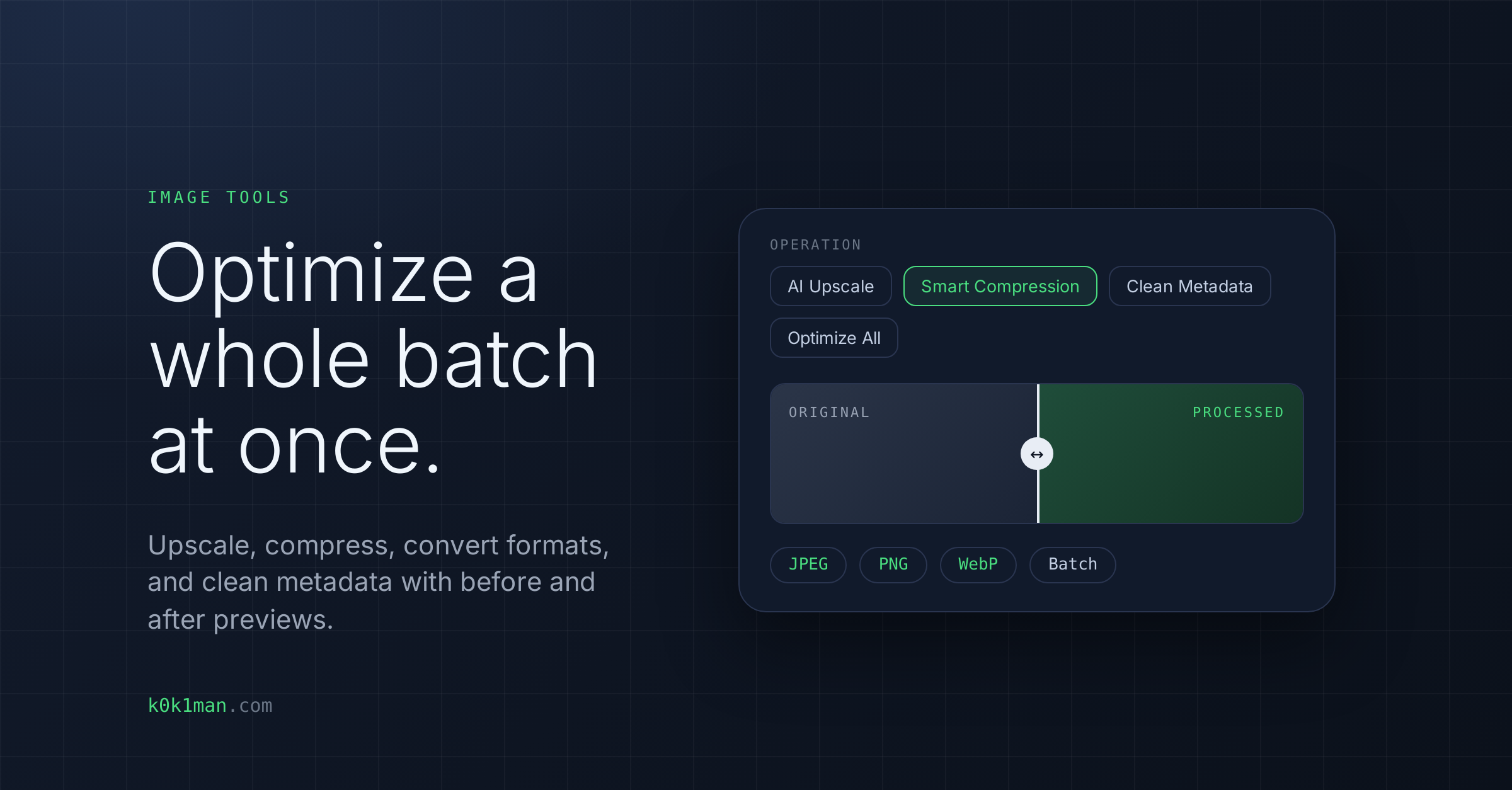 Image Tools card: Optimize a whole batch at once. Upscale, compress, convert formats, and clean metadata with before and after previews, showing operation buttons for AI Upscale, Smart Compression, Clean Metadata and Optimize All, an Original and Processed comparison slider, and JPEG, PNG, WebP and Batch labels.